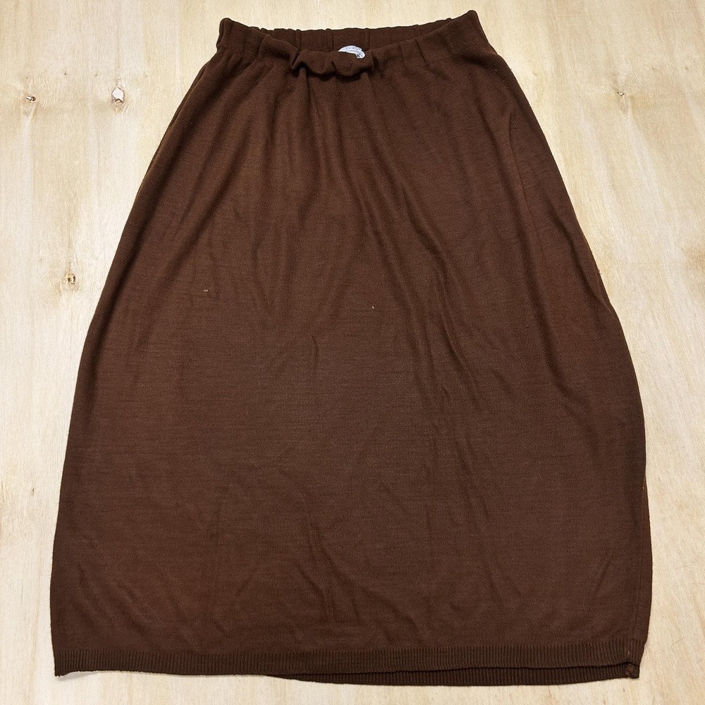 Vintage 80s 1045 PARK Skirt Womens M Brown Solid Knit Pencil Midi Elastic Waist